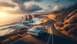AI-afbeelding van de Great Ocean Road in Australië met een blauwe Nissan Bluebird