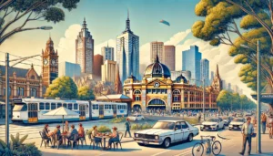 Levendig stadsbeeld van Melbourne met Flinders Street Station, de Yarra River, een tram en een Holden Commodore Stationwagon op een zonnige dag.
