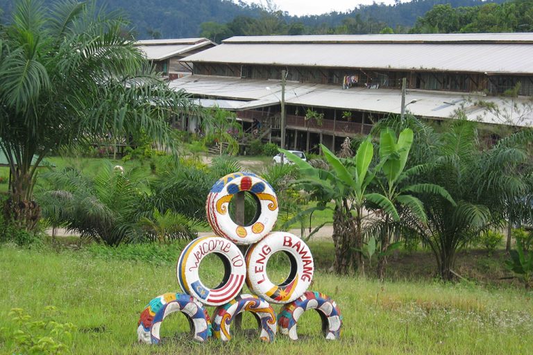 Kleurrijk welkomstbord van de longhouse-gemeenschap Leng Bawang bij Belaga in Sarawak, Maleisisch Borneo