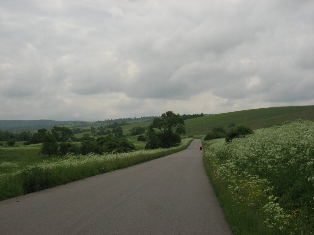 Groen heuvellandschap met bossen en weilanden langs de fietsroute door Poloniny National Park bij Kalná Roztoka, Slowakije