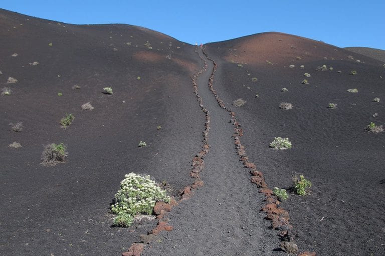 Smal wandelpad langs de donkere lavaflanken van Vulcán Teneguía op La Palma, met schaarse begroeiing en blauwe lucht