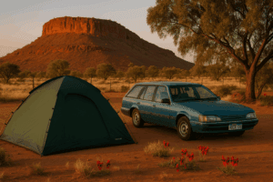 ChatGPT illustratie van een tent en stationcar op een kampeerplaats in de Australische outback met rode rotsformatie