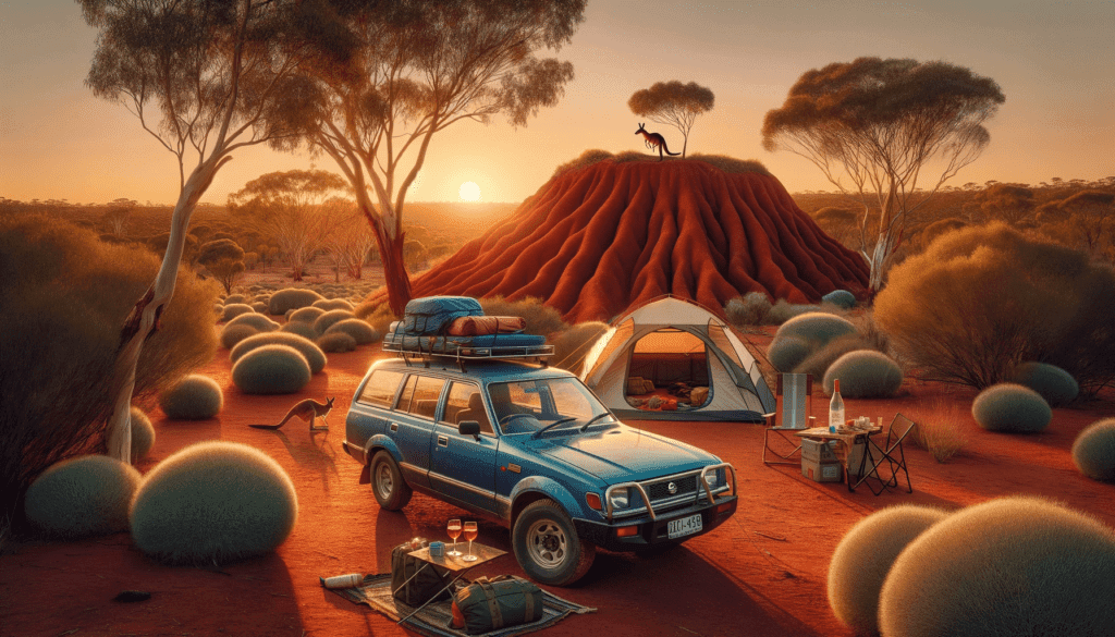 Een vredig tafereel in de Australische outback bij zonsondergang met een blauwe Nissan Bluebird stationwagen geparkeerd naast een termietenheuvel, omringd door spinifexgras en eucalyptusbomen, met een kangoeroe die zich aftekent tegen de ondergaande zon