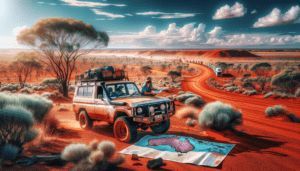 DALL-E illustratie van een reiziger met kaart bij een 4WD in de Australische outback, rode zanderige vlakte en eucalyptusbomen