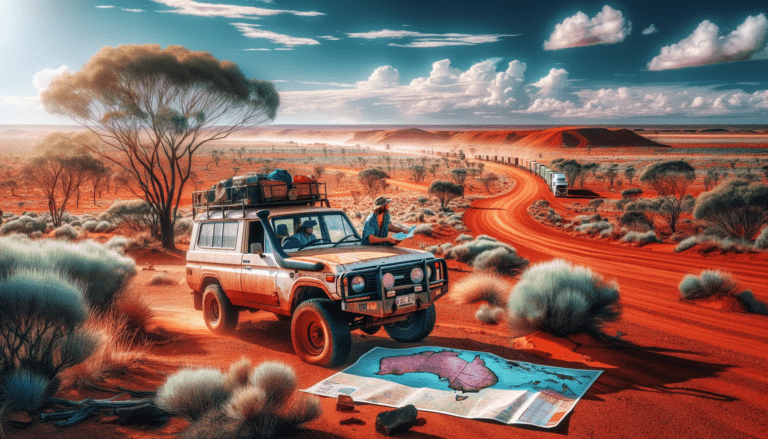 DALL-E illustratie van een reiziger met kaart bij een 4WD in de Australische outback, rode zanderige vlakte en eucalyptusbomen