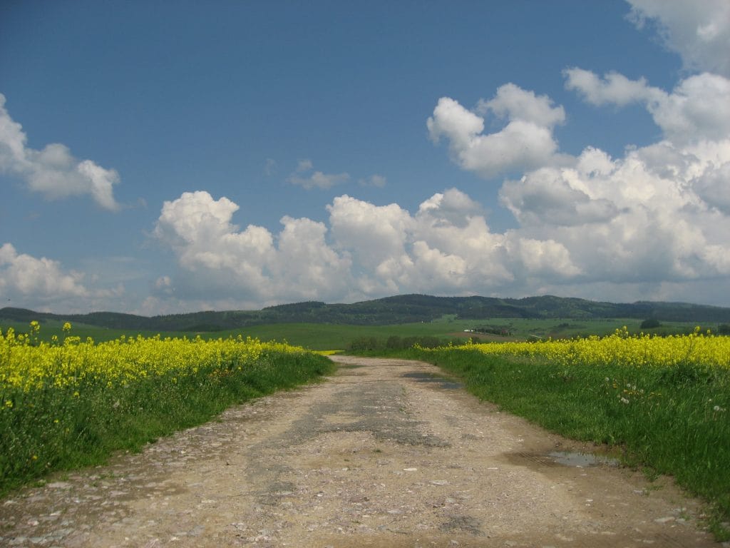 Blauwe zomerlucht met witte stapelwolken boven het landschap bij Kamienka in Slowakije