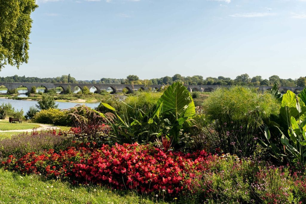 Middeleeuwse stenen brug over de Loire bij Beaugency in Centre-Val de Loire, met een weelderige tropische plantentuin met rode bloemen op de voorgrond