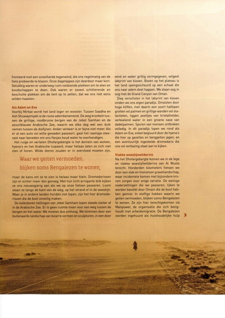 Pagina 3 van het De Wereldfietser-artikel Operation Desert Storm met tekst over fietsen langs Jebel Samhan en de Grand Canyon van Oman