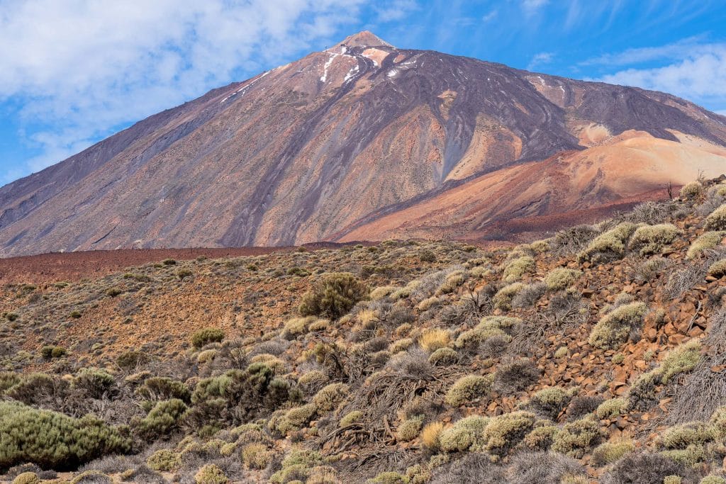 El Teide vulkaan met besneeuwde top en steile flanken gezien vanuit de omgeving van La Orotava op Tenerife