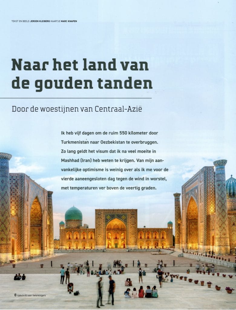 Titelblad van het artikel Naar het land van de gouden tanden in De Wereldfietser — fietsen door de woestijnen van Centraal-Azië