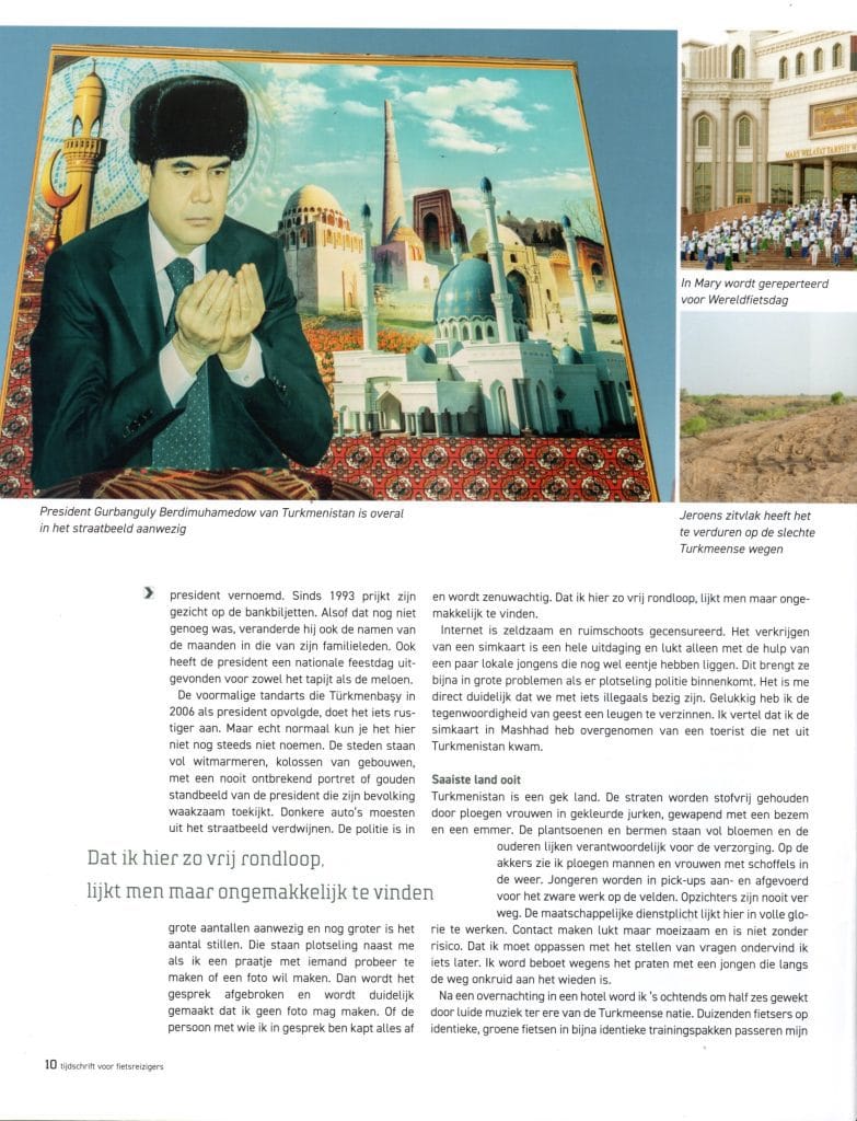 Pagina 3 van Naar het land van de gouden tanden — propagandaportret van een Turkmeense leider met moskeeën en Wereldfietsedag-ceremonie in Mary
