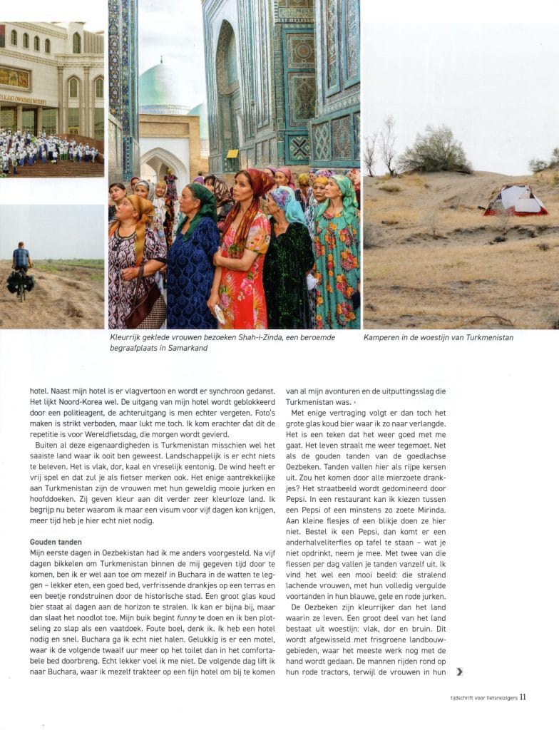 Pagina 4 van Naar het land van de gouden tanden — vrouwen in kleurrijke traditionele kleding bij islamitische architectuur en een tent in de woestijn van Centraal-Azië