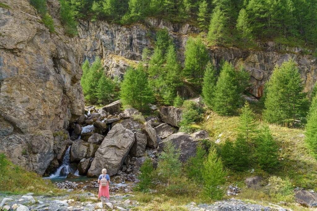 Rotsige bergkloof met een beekje, grote keien en dicht dennenbos langs steile rotsige wanden in de Franse Alpen
