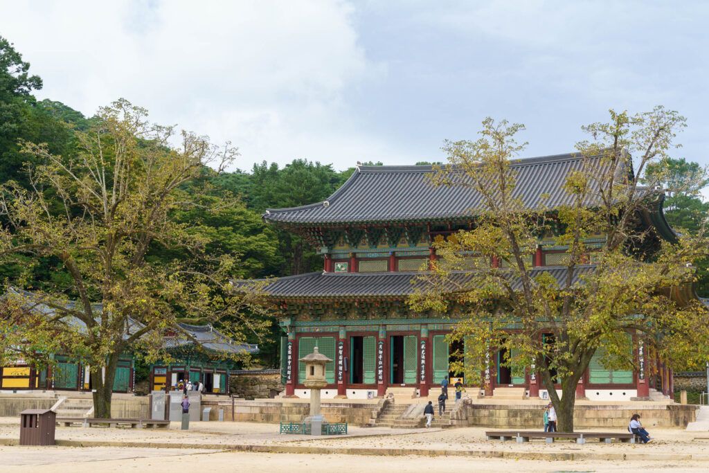 Een traditionele Koreaanse tempel omringd door bomen in herfsttinten, met enkele bezoekers die de serene omgeving verkennen.