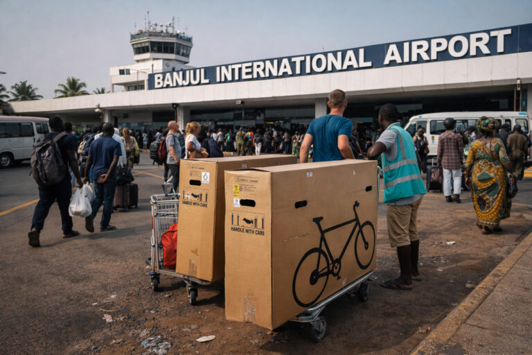 Mensen bij Banjul International Airport.