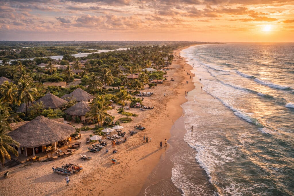 Strand met zonsondergang en palmen