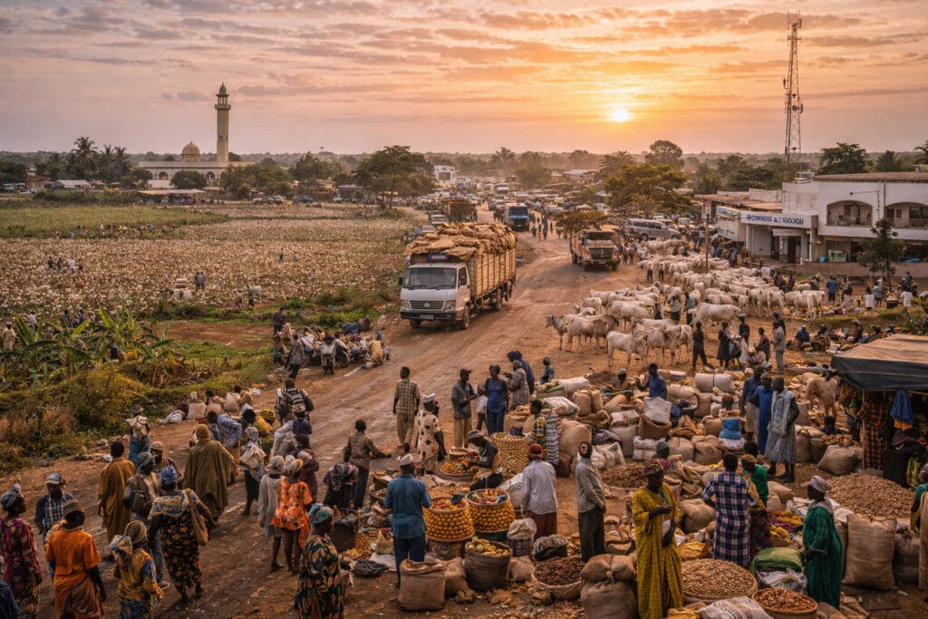 Drukke markt bij zonsondergang.