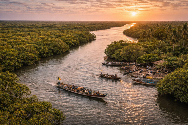 Zonsondergang boven een rivier met boten.