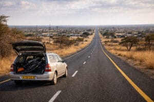 Huurauto met de ingepakte fiets in de kofferbak langs een rechte asfaltweg in het noorden van Namibië