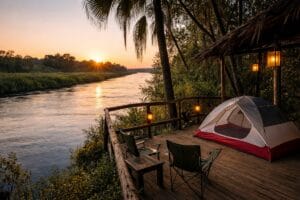 Houten vlonder langs een rivier bij zonsondergang met een rode tent, campingstoelen en lantaarns, omgeven door palmbomen in de Kavango-regio van Namibië