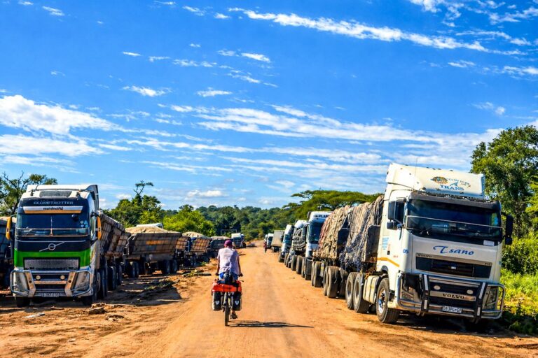 Lange rij grote vrachtwagens met cargo langs een onverharde weg in de Zambiaanse bush, met een fietser ertussen