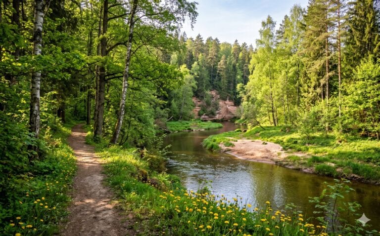 Bebost heuvellandschap van het Gauja National Park in Letland met een rivier