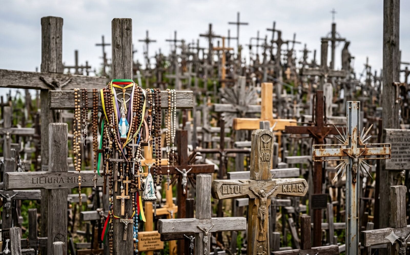 De Heuvel van Kruizen bij Šiauliai, bedekt met duizenden kruisen