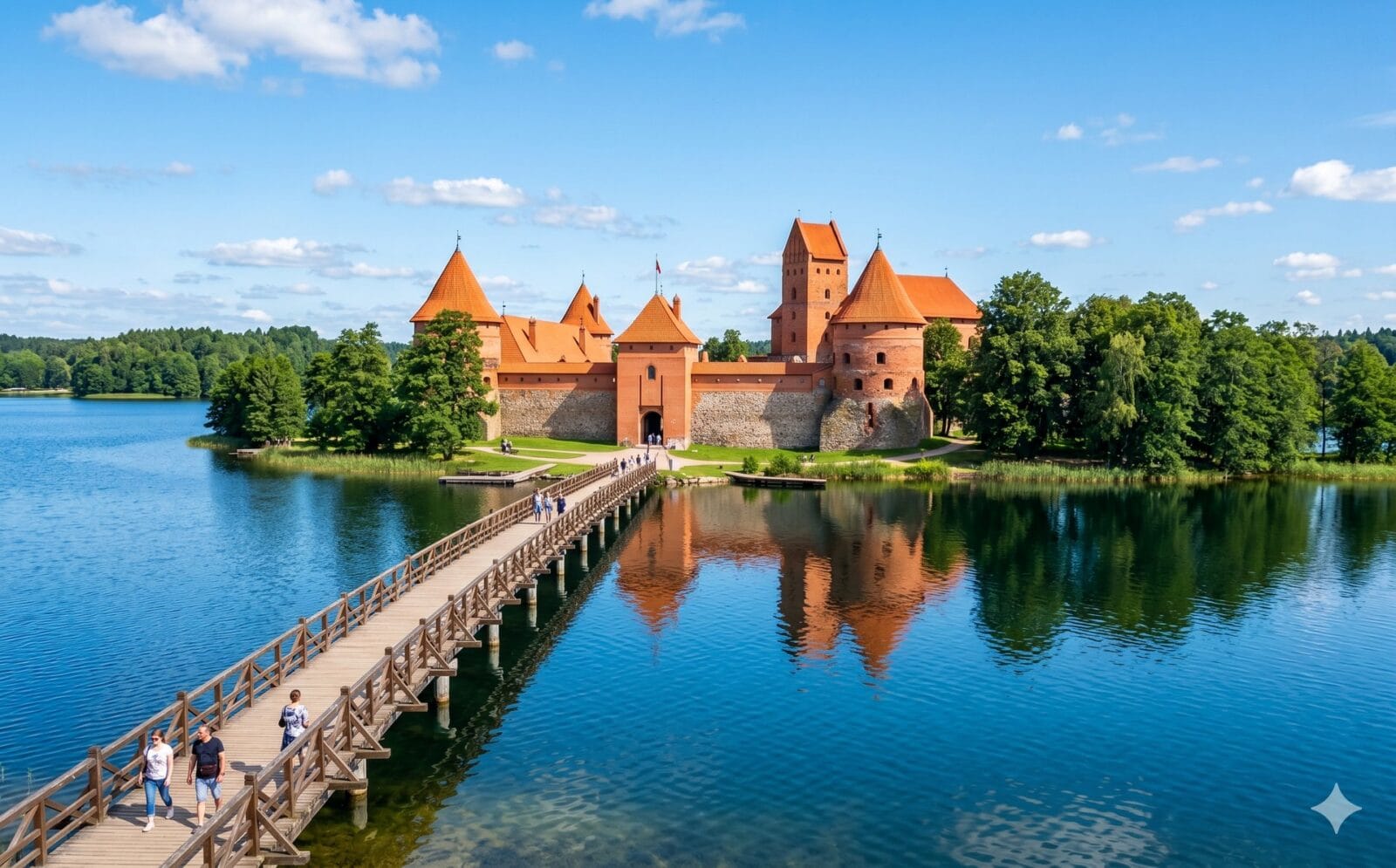Het rode bakstenen waterkasteel van Trakai op een eiland in een meer