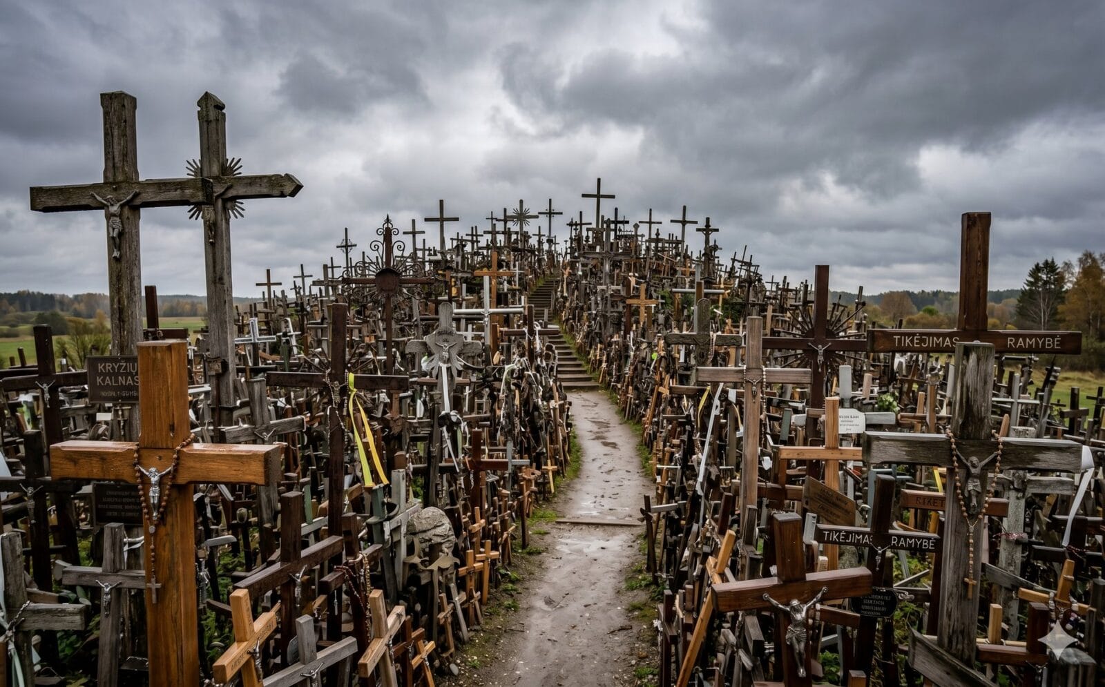 De barokke oude stad van Vilnius met kerktorens onder een avondlucht