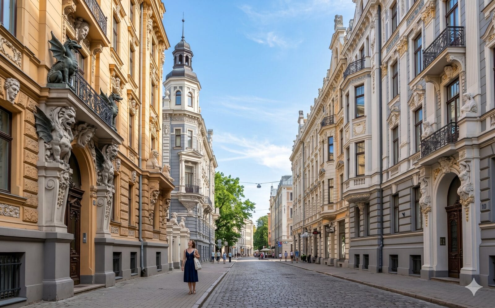 Art-nouveaugevels met sierlijke ornamenten in het centrum van Riga