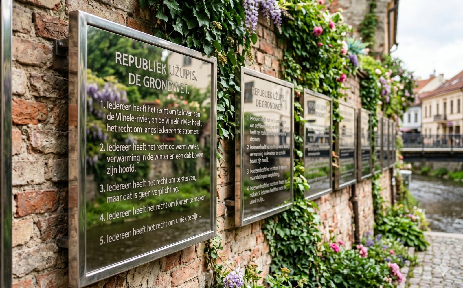 De grondwet van de republiek Užupis op metalen platen aan een muur in Vilnius