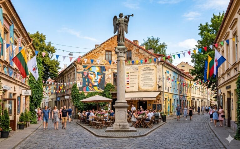 Straatbeeld van de kunstenaarsrepubliek Užupis in Vilnius
