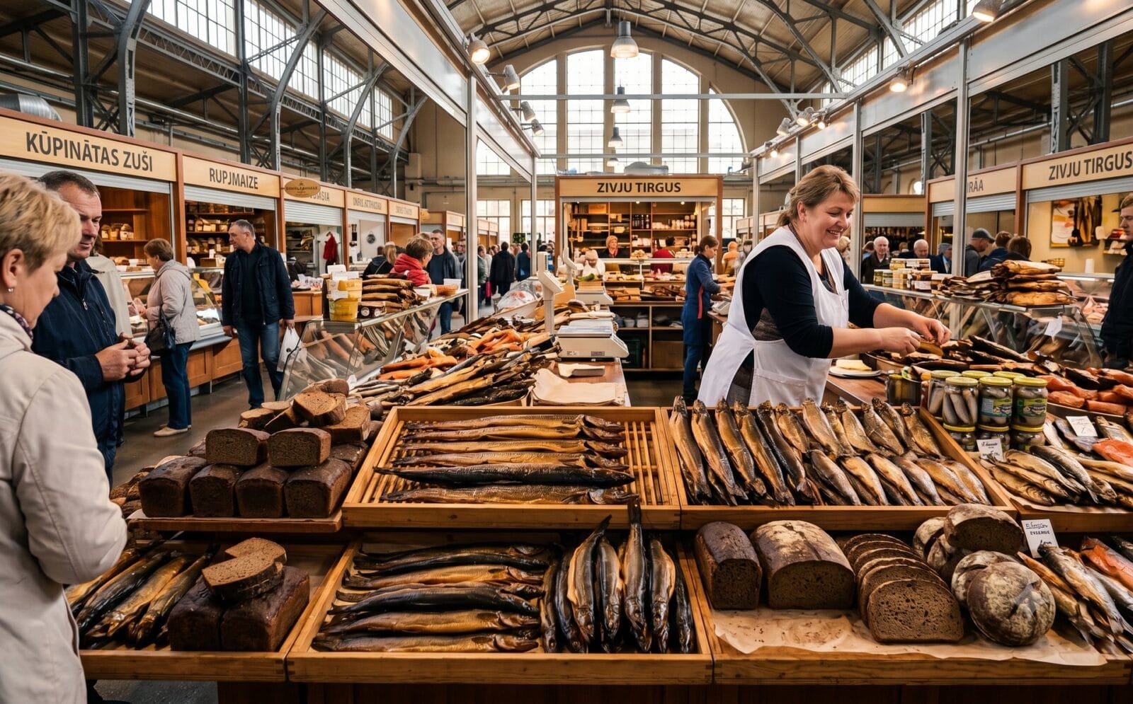 Marktkraam met rijen gerookte vis en paling naast donker roggebrood, verkoopster in witte schort