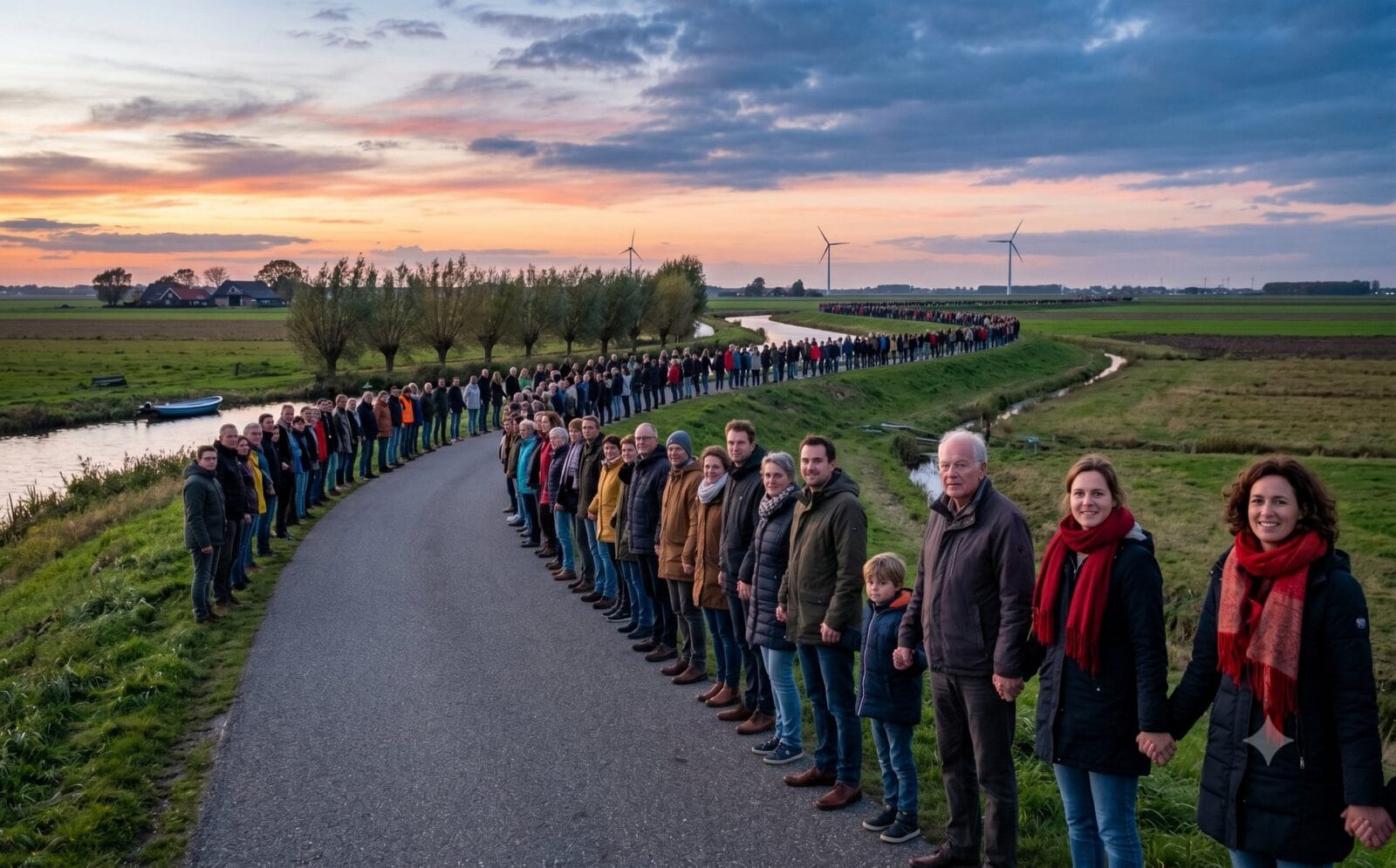 Lange mensenketen langs een landweg in de schemering, mensen hand in hand tot de horizon