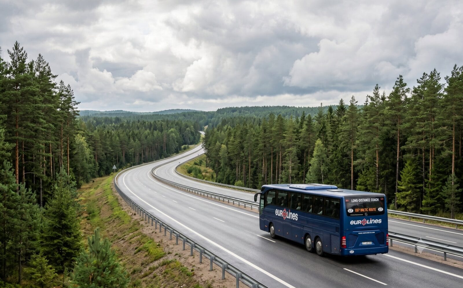 Moderne langeafstandsbus op een lege snelweg door dicht Baltisch dennenbos onder een hoge wolkenlucht