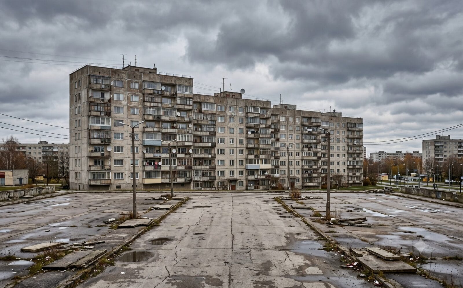 Rij verweerde Sovjet-flatgebouwen aan de rand van een Baltische stad met een verlaten betonnen plein