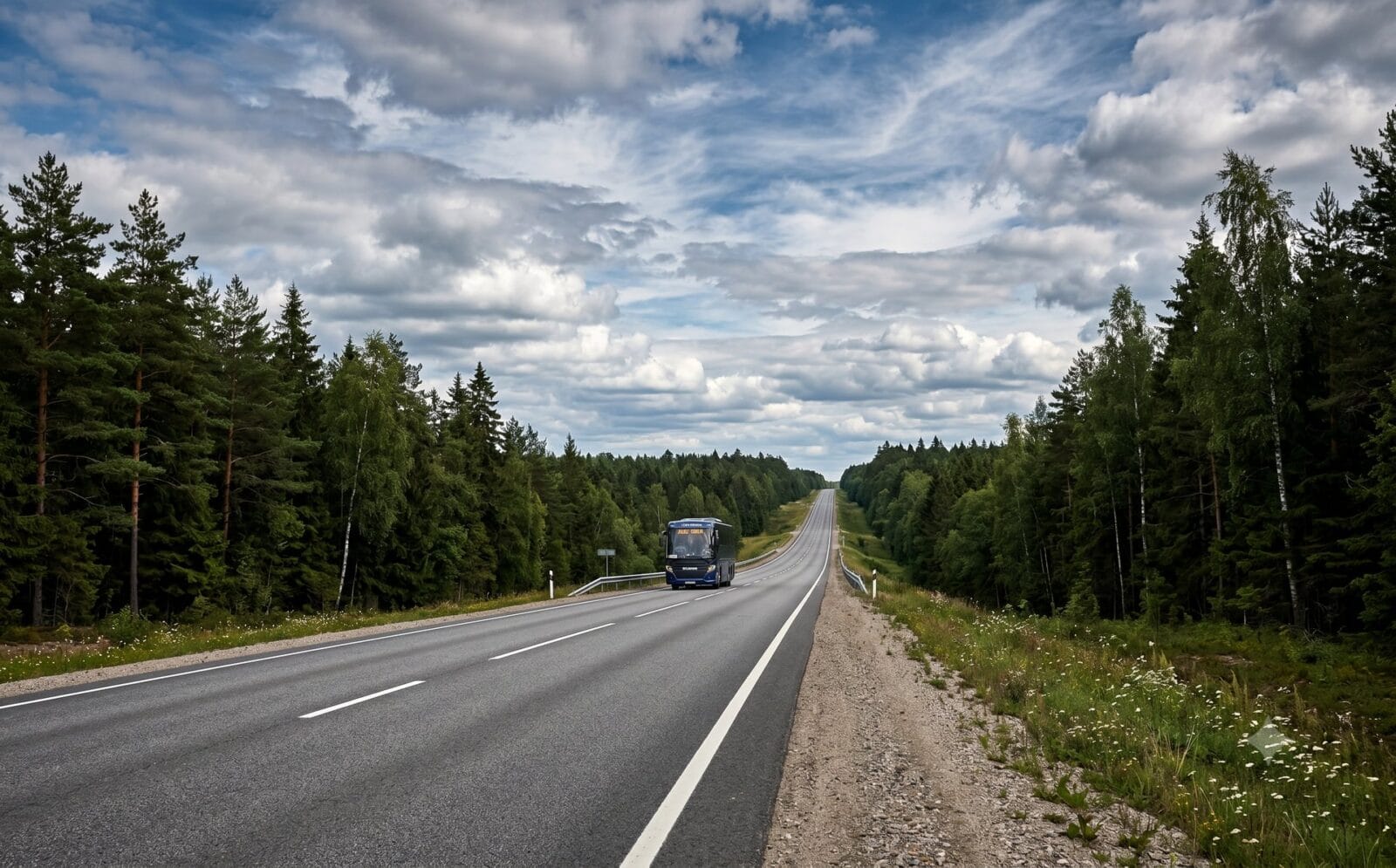 Lange rechte tweebaansweg door uitgestrekt Baltisch bos met een touringcar in de verte