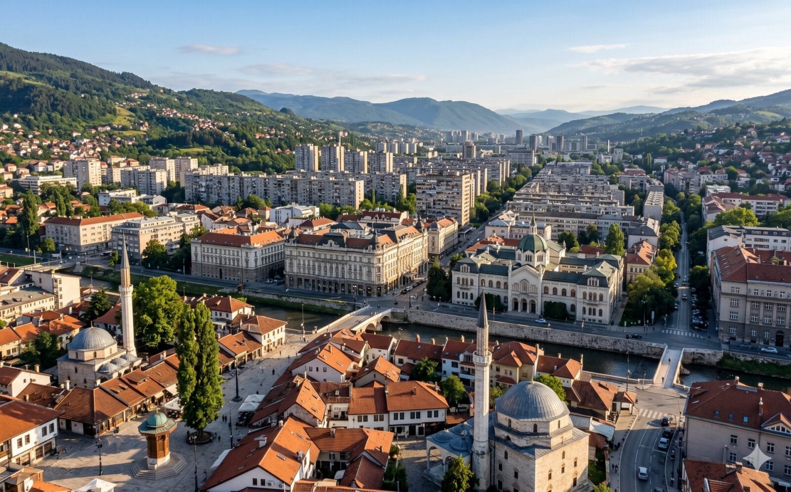 Gelaagd stadsgezicht van Sarajevo met de Ottomaanse oude stad, Habsburgse boulevards en socialistische woonblokken in het dal