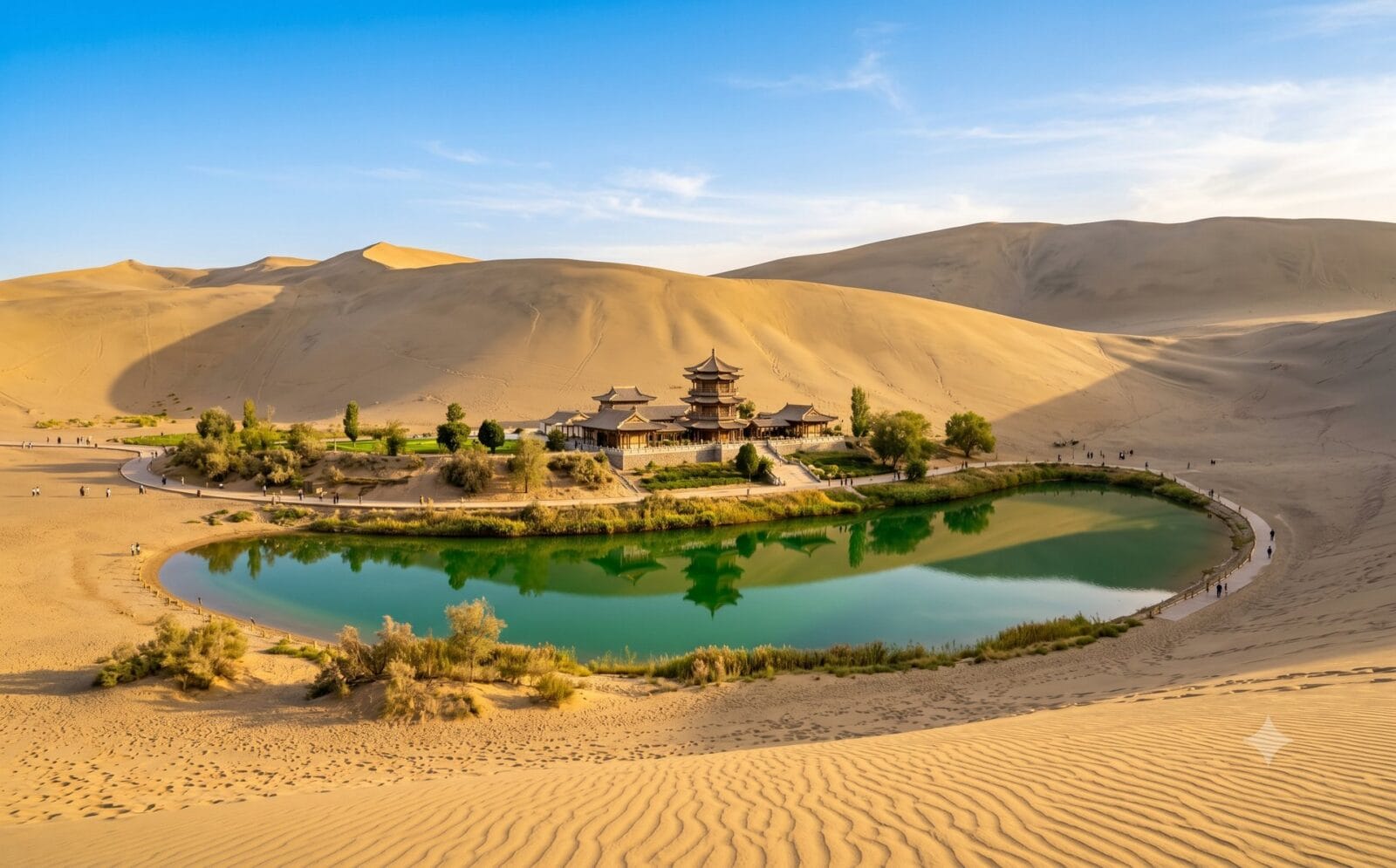 Zandduinen en een oase bij Dunhuang aan de Zijderoute in de Gobi-woestijn