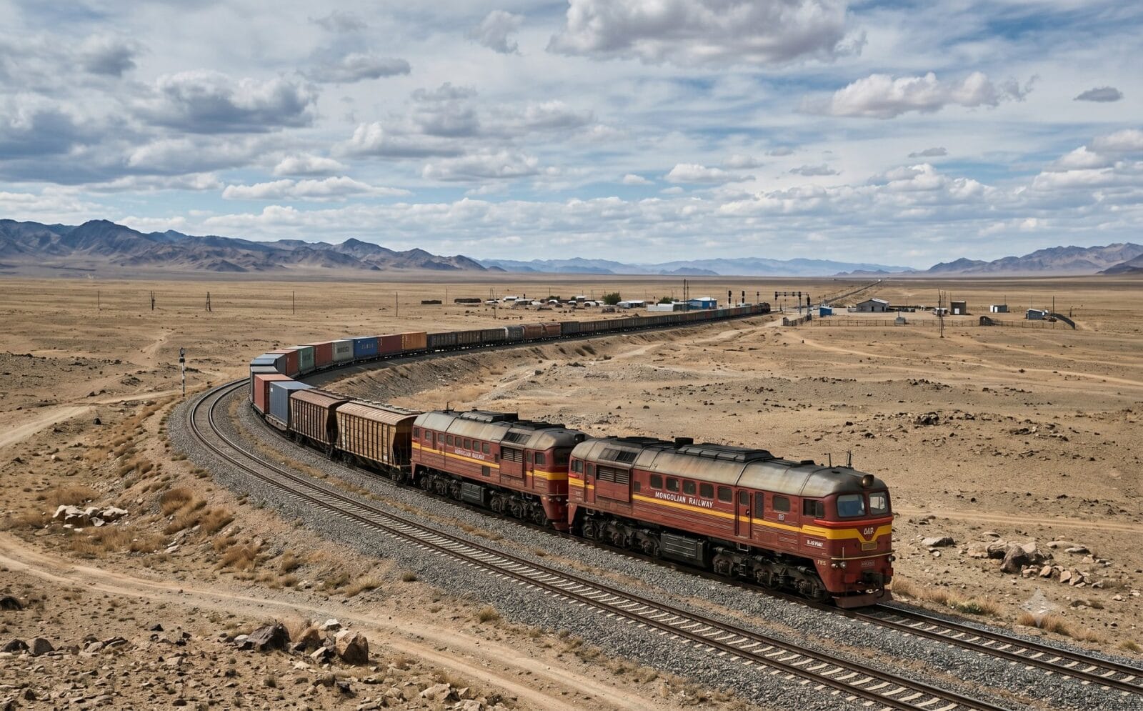 Lange trein door de kale Gobi-woestijn richting de Chinees-Mongoolse grens
