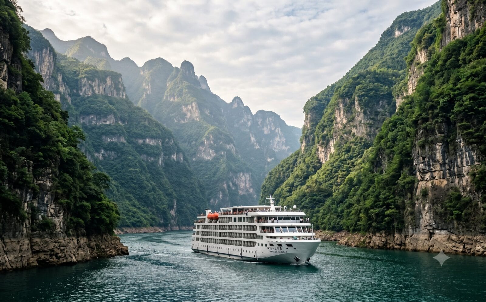 Cruiseschip op de Jangtsekiang tussen de steile wanden van de Drie Kloven