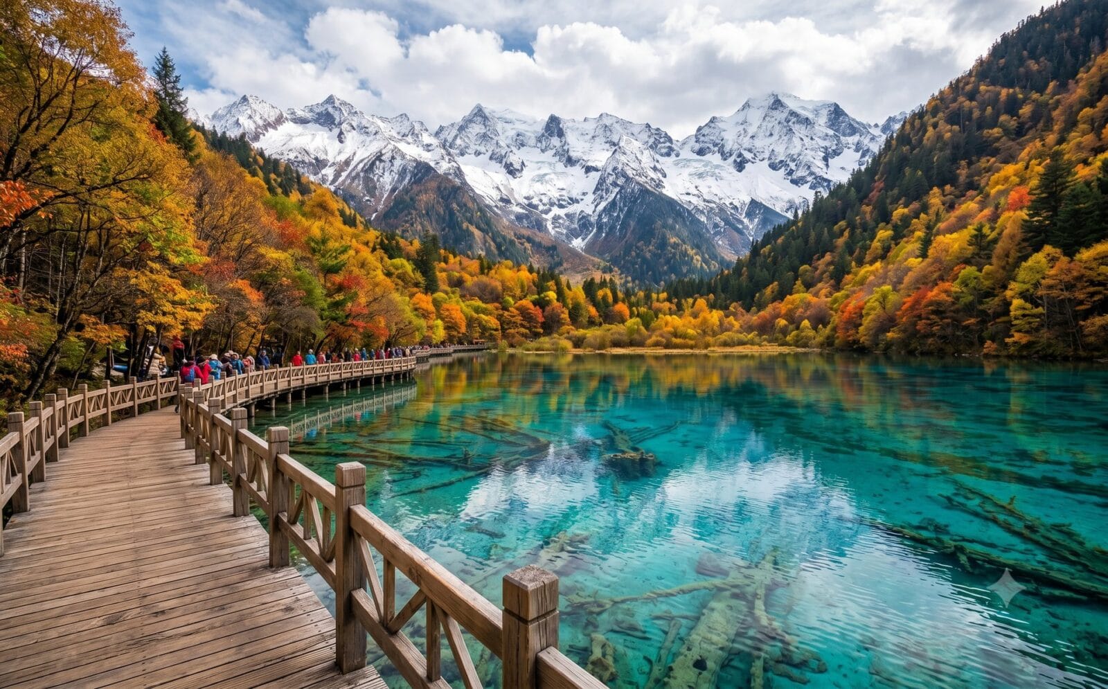 Turquoise bergmeren en herfstbossen met houten wandelpaden in Jiuzhaigou, Sichuan