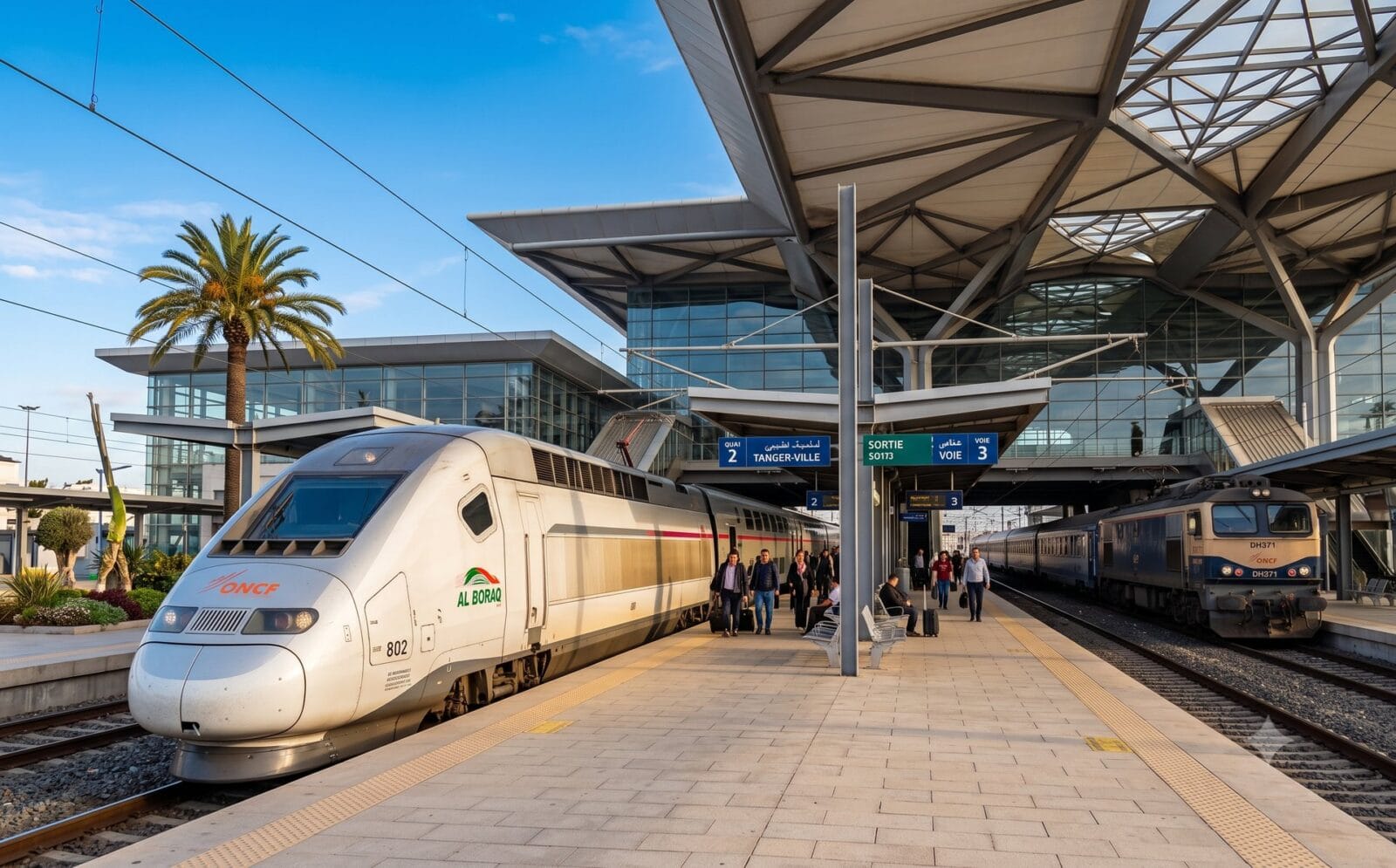Witte Al Boraq-hogesnelheidstrein aan een modern stationsperron in Tanger, met een oudere intercity op het naastgelegen spoor