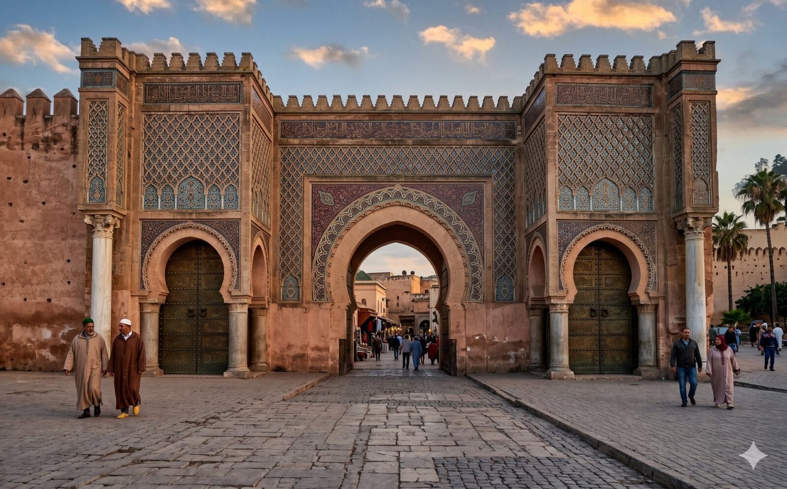 Monumentale Marokkaanse koninklijke poort met bronzen deuren, hoefijzerboog en zellige
