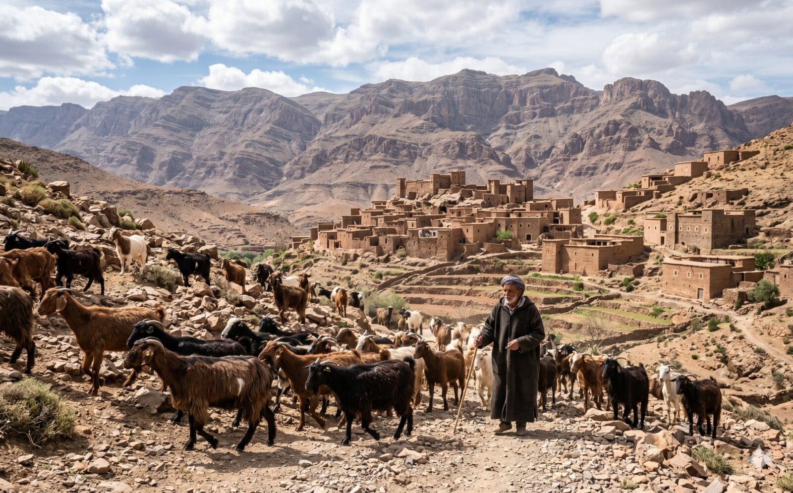Geiten en een herder bij een Amazigh-gehucht in de Anti-Atlas