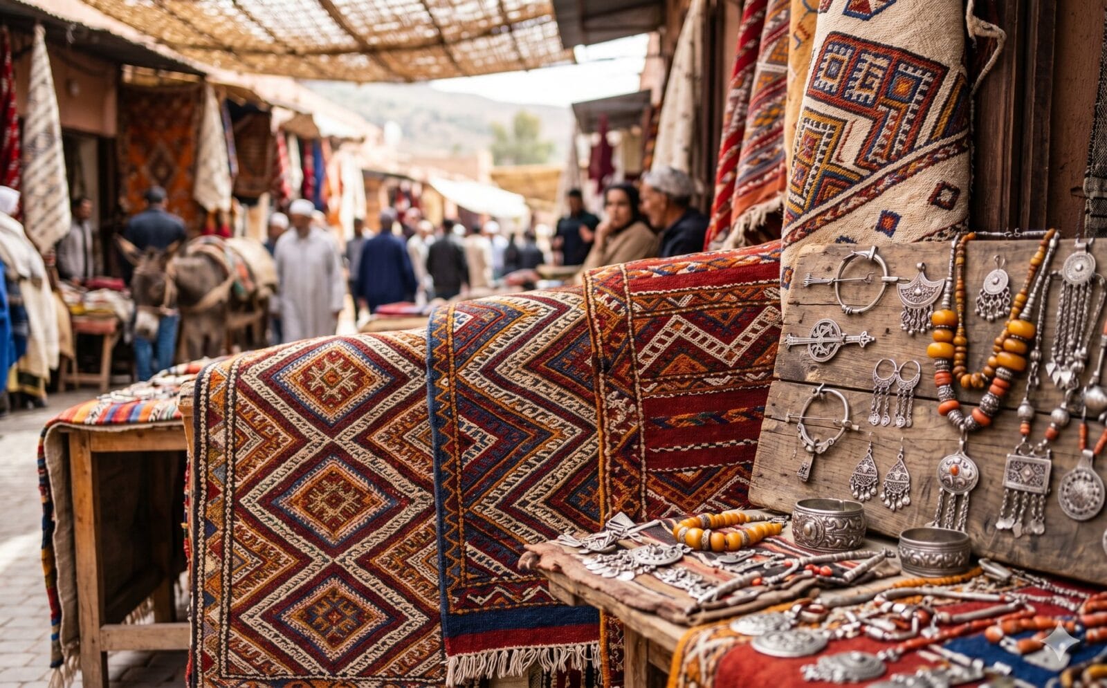 Geweven Amazigh-tapijten en zilveren sieraden op een markt