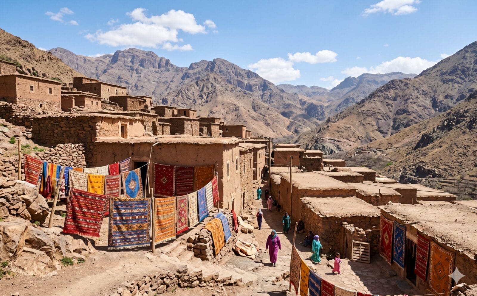Amazigh-dorp van lemen huizen in een berglandschap met kleurrijke tapijten te drogen