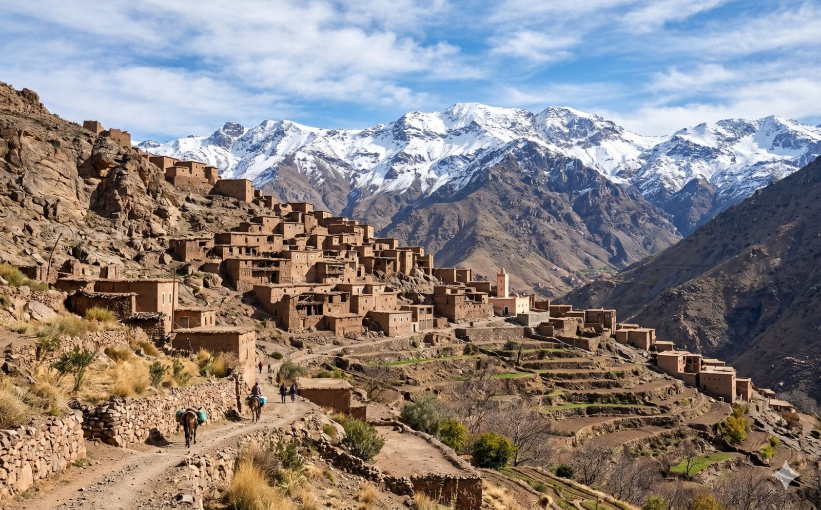 Lemen Amazigh-bergdorp tegen een helling met besneeuwde toppen
