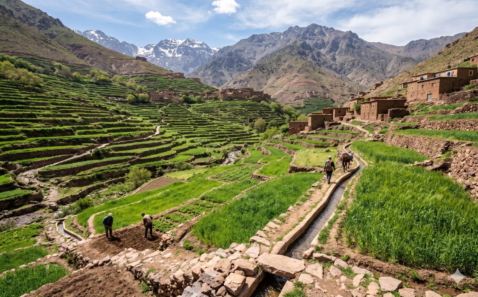 Groene terrasvelden op een berghelling in de Hoge Atlas