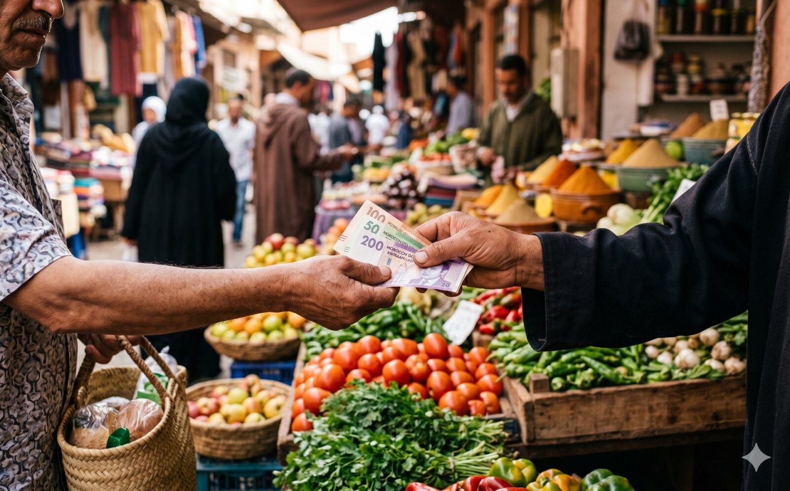 Handen die dirham-biljetten overhandigen bij een marktkraam